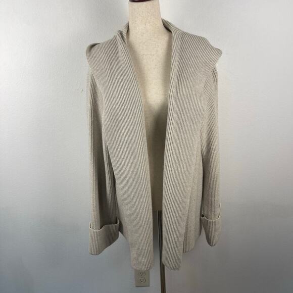 Ann Taylor Weekend Oatmeal Ribbed Thick Knit Drape Hooded Cardigan Womens Medium - Picture 1 of 10